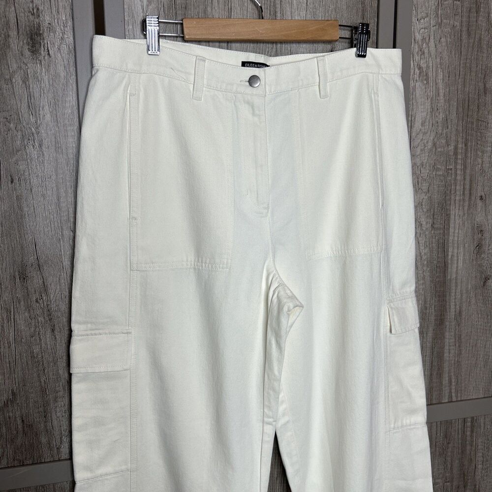 Eileen Fisher Cargo Pants Size L Organic Cotton Crepe Wide Leg Ivory Cream - Picture 2 of 7